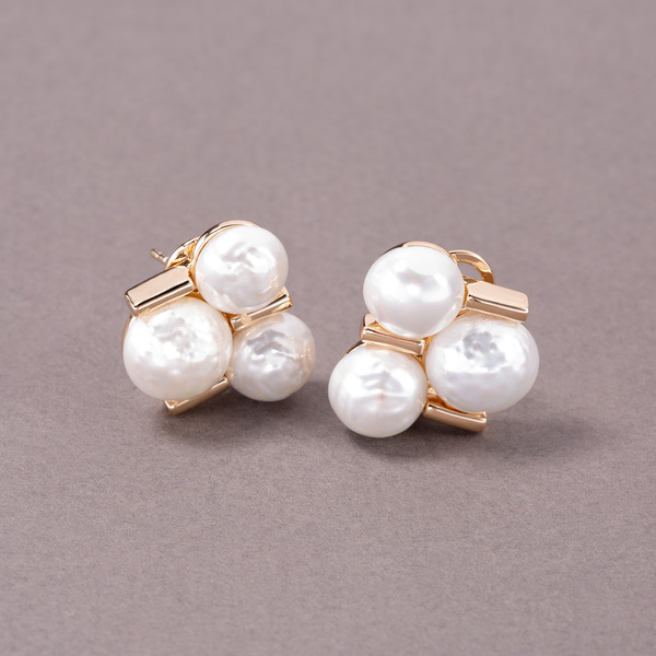 Pozłacane kolczyki z trzema szklanymi perłami Majorka. PERŁOWE NASTROJE