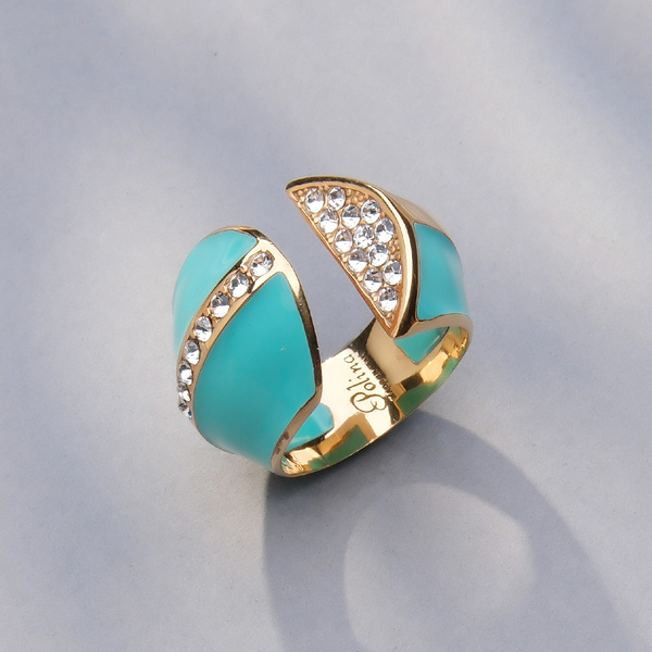 Otwarty pozłacany pierścień z błękitną emalią i cyrkoniami. CLARA