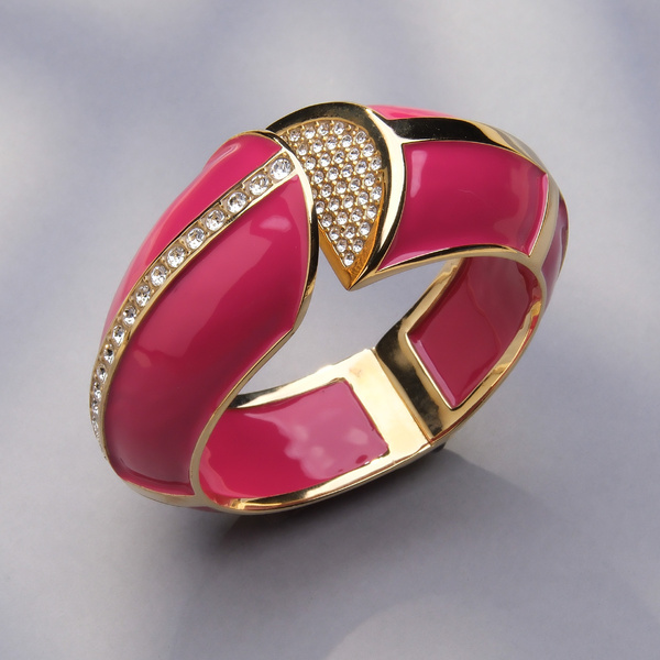 Złocona bransoletka pokryta różową emalią z cyrkoniami. AGNESE