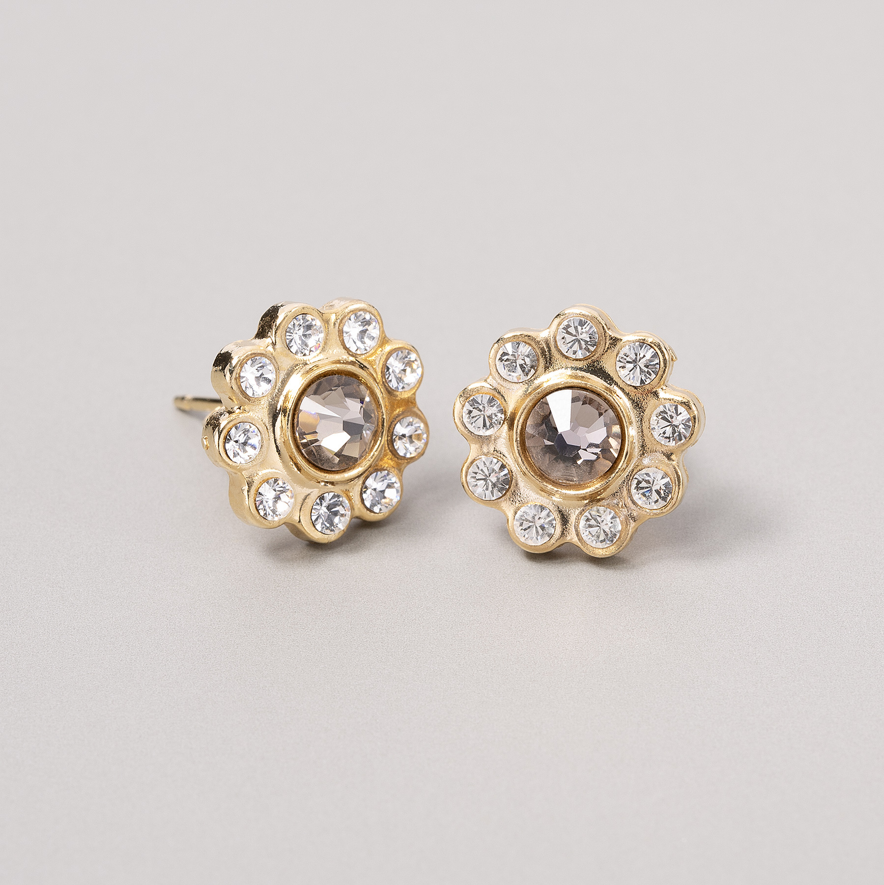 Złocone kolczyki kwiaty z perłami i szarym kryształem. FANFAN TULIPAN