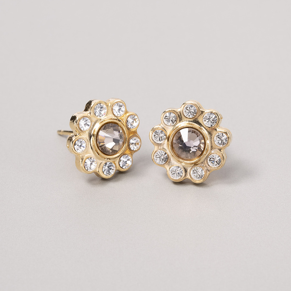 Złocone kolczyki kwiaty z perłami i szarym kryształem. FANFAN TULIPAN