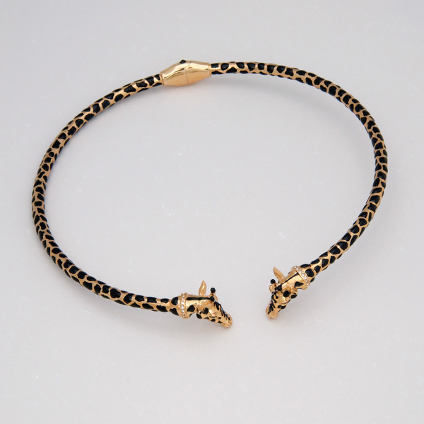 Sztywny pozłacany naszyjnik z głowami żyraf z cyrkoniami. DŁUUUGA SZYJA